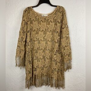 L & B Golden Beige Lace Top with Fringe Size Small